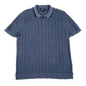 Express blue contrast texture knit quarter zip sweater polo shirt Large L B15